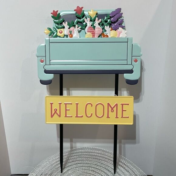 Easter Metal Truck with Bunnies Garden Stake NWT - Picture 2 of 8